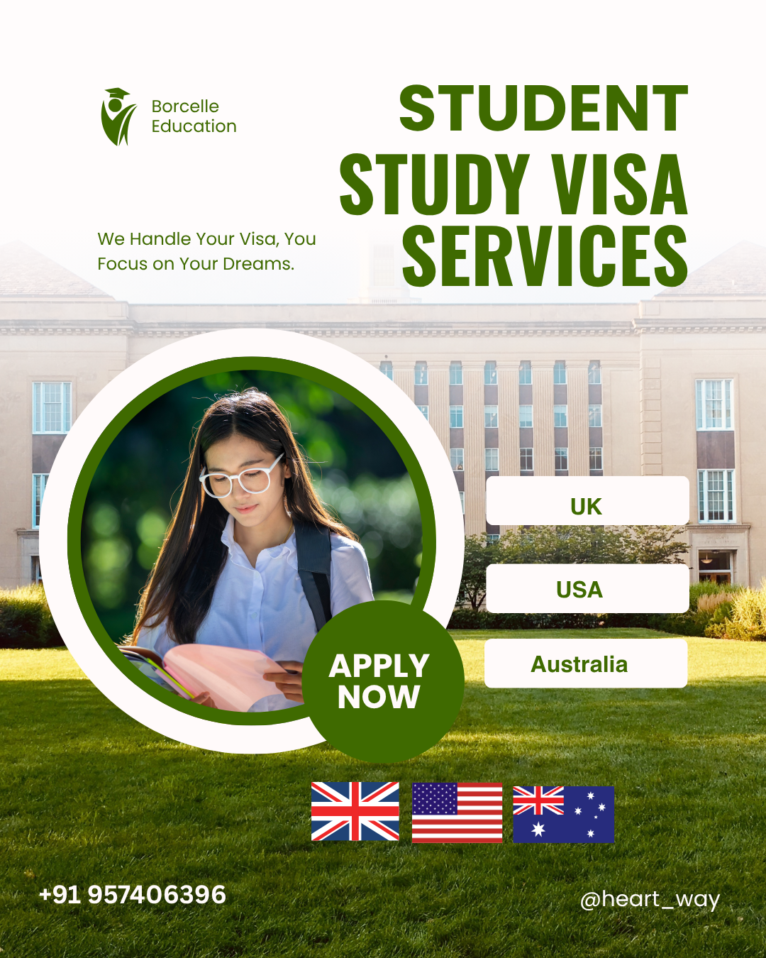 Green And White Modern Student Study Visa Services Instagram Post